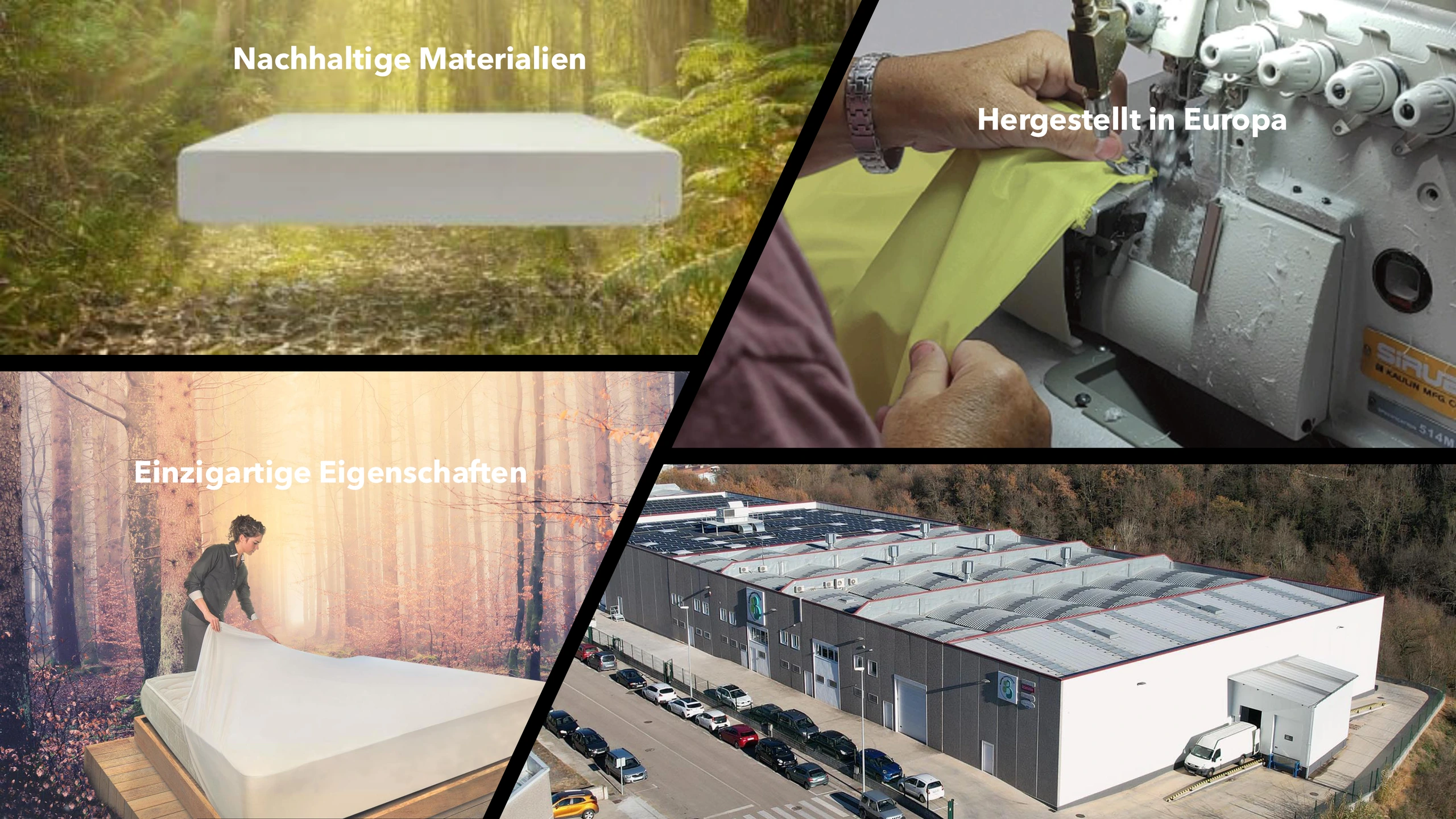 B-Sensible – Bildcollage: nachhaltige Materialien, Fertigung in Europa, einzigartige Eigenschaften und der Produktionsstandort